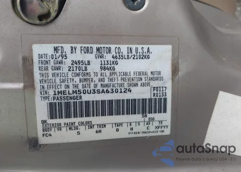 1995 Mercury Sable Gs from USA, damaged, VIN 1MELM50U3SA630124